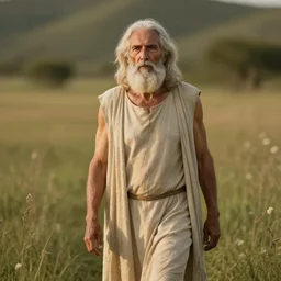 old prophet wandering about a meadow. warm lighting. subsurface scattering. skin translucency.