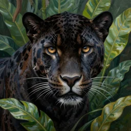 a beautiful painting portrait of a black jaguar surrounded by the leaves of the jungle, highly detailed close up, fantasy art, matte painting