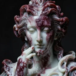 a dark baroque close - up portrait of a maroon and white porcelain being made out of white liquid sci - fi vitrified translucent ceramic marble ; china. reflective detailed textures. gloomy black background. highly detailed fantasy science fiction painting by moebius, norman rockwell, frank frazetta, and syd mead. rich colors, high contrast. artstation