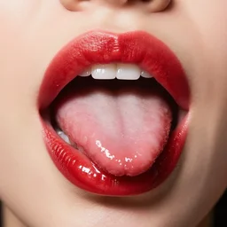 big plump lips with red lipgloss reflecting on the surface. closeup of a devilish long tongue sticking out. very beautiful mouth.