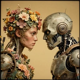 a beautiful ultradetailed vintage photo of two angry cyborgs butting heads, by tom bagshaw and anna dittman, portrait, vignette, 5 0 mm lens, golden ratio composition, detailed faces, studio photography, very detailed, humanoids overgrown with flowers, industrial robots, artstation, 8 k, highly coherent
