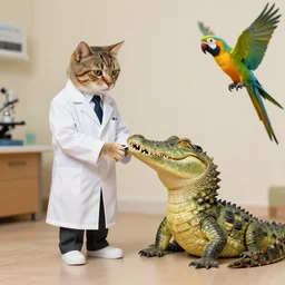 a Cat scientist, a crocodile and parrots, as lowbrow Pop surrealism