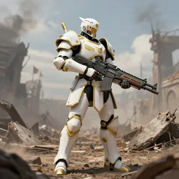 Trending on artstation. 4k. Masterpiece. Cybernetic holy warrior on the battlefield holding a large machine gun. White armor trimmed with gold. Ravaged battlefield scene bg. Rule of thirds.