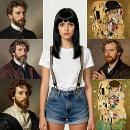 a woman with black hair and long pixie haircut in shorts with suspenders and white t-shirt drawn by alphonso azpiri, gustave caillebotte, Alexandre Cabanel, norman rockwell, dominique ingres, maler collier, peter paul rubens, alphonse mucha, gustav klimt 4k, unreal 5, DAZ, french noveau, trending on artstation, octane render, hyperrealistic