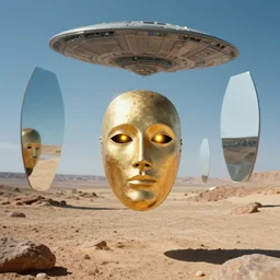 levitating bene gesserit with full - face golden mask and glowing eyes in a dry rocky desert landscape, visible sky and sunny atmosphere, fata morgana giant mirrors, giant alien spaceship in the sky by alejandro jodorowsky, anamorphic lens, kodakchrome, cinematic composition, practical effects, 8 k,