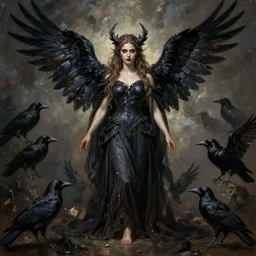 goddess of perdition, surrounded by crows. full body portrait. sinister atmospheric lighting. highly detailed painting by diego fernandez.