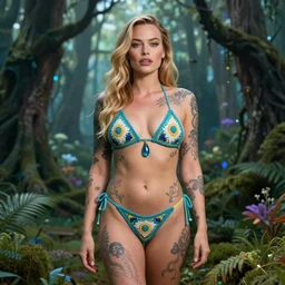 tattooed margot robbie portrait posing in a magical crochet bikini in a magical forest, highly detailed eyes, full body, fantasy art, in the style of greg rutkowski, illustration, epic, fantasy, intricate, hyper detailed, artstation, concept art, smooth, sharp focus, ray tracing, vibrant, photorealistic