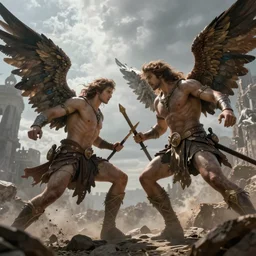 an epic battle between two fallen angels, low camera angle, cinematic style, photorealistic