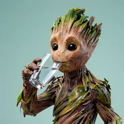 A photo portrait of Groot drinking a glass of water, 4k, full color