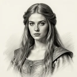 lovely medieval maiden with long hair, character portrait, sketch, concept art, intricate details, highly detailed photorealistic, portrait, in the style of adam hughes, seseon yoon, artgerm and warren louw