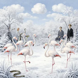 a still frame illustration of a dozen white flamingo slowly morphing into a snake, in a middle of a white frosty winter garden, sky is cotton by quint buchholz, cheng hsiao - ron, wes anderson, fujita goro, edward hopper, rene magritte, simon stalenhag, fine details, ornate, simon stalenhag and henry rousseau