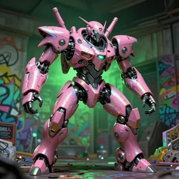 hyperrealistic hyperdetailed graffiti! mecha iridescent pink fighting!! aliens concept art santiago caruso de chirico sharp very dramatic green light 8k low angle shallow depth of field