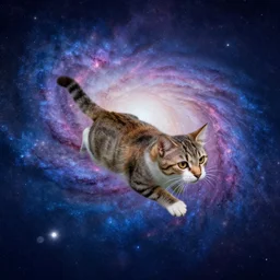 a cat swimming in a galaxy
