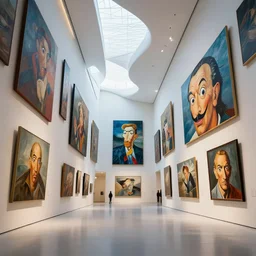 interior futuristic art gallery wide angle highly detailed by santiago calatrava, many wall hanging paintings of art by dali, captivating 8 k hdr, octane render godrays hyperrealism