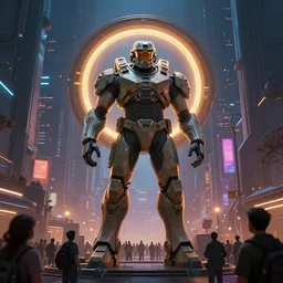 gigantic utopian halo master chief statue surrounded by a crowd of people in a cyberpunk city street at night, dramatic lighting, ralph horsley, rossdraws, matte painting, stylized background, cinematic lighting, maya, pixar, unreal engine, artstation