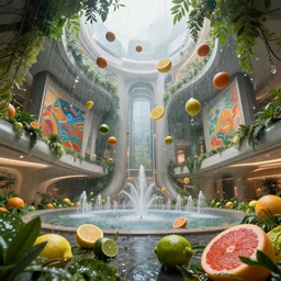 falling rain drops as sliced! citrus fruit within interior futuristic expansive city hall lemons, oranges, limes, grapefruits sci - fi, fantasy, wide angle highly detailed by santiago calatrava, foliage, fountains, wall art, by saturno butto and wlod, captivating 8 k hdr, octane render godrays