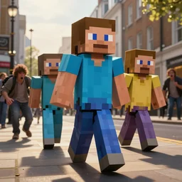 photo of life like minecraft characters walking on london streets and scaring people