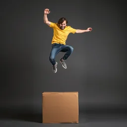 a photograph of a man jumping on a cardboard box