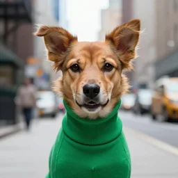 fuzzy ears dog assassin portrait donning a green versace turtleneck standing in new york face canines snout pet aspca adoption profile image anton semenov shahab alizadeh john bauer realism