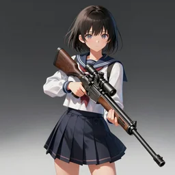 anime, full body, cute, gun, female, a pretty girl wearing a school uniform and holding a sniper rifle, highly intricate, light and shadow effects, intricate, highly detailed, digital painting, art station, smooth, sharp focus, illustration, advanced digital anime art