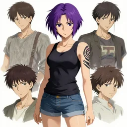 revy black lagoon, purple hair, black tank top, jean shorts, tribal sleeve left arm, portrait shinkai makoto studio ghibli studio key hideaki anno sakimichan stanley artgerm lau rossdraws james jean marc simonetti elegant highly detailed digital painting artstation pixiv