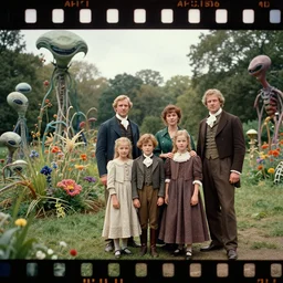sharp, highly detailed, 43456k film, 161800mm film still from a sci fi blockbuster color movie made in 2019, set in 1860, of a family standing in a park, next to some strange alien plants and flowers, on an alien planet, the family are all wearing 1860s era clothes, good lighting, ultra high definition, in focus, 35mm macro lens