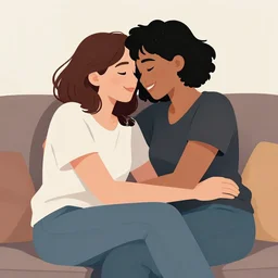 beautiful portrait of a mixed race lesbian couple in love cuddling on the sofa, smiling, very romantic, highly detailed, smooth, stylized, medium shot, vector line art, clean cel shaded vector art, by lois van baarle and ross tron, artgerm, helen huang, makoto shinkai, ilya kuvshinov, rossdraws