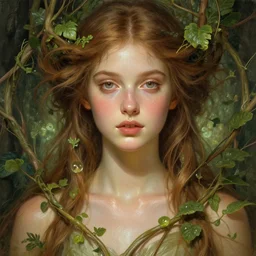 perfectly feminine face!! full body portrait of young fairy earth goddess blessed by nature, surrounded by vines and plants, light brown hair, symmetrical! intricate, sensual features, dewy skin, reflective skin, highly detailed, biblical divine holy perfection!! digital painting, artstation, concept art, smooth, sharp focus, soft lighting, illustration, art by artgerm and greg rutkowski and alphonse mucha