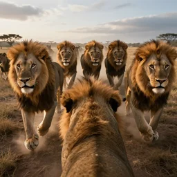 realistic photo first person perspective, lions stampede towards camera, attacking and chasing me, dramatic lighting, early evening, professional photography, high detail, cinematic lighting, unreal engine