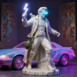 a detailed full bodied marble sculpture of jensen ackles as time traveller stepping out of a futuristic neon colored car, holding a bolt of lightning and a grenade launcher, wearing glowing neon shuttered 1 9 8 0 s glasses!!!!, synthwave style, aetherpunk, masterpiece, 8 k, art by greg rutkowski and albert bierstadt and arthur rackham and alphones mucha