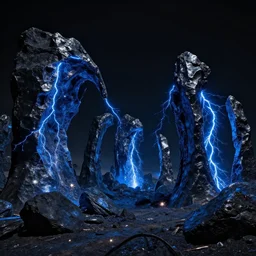 metallic black rock desert with electrical blue discharges, many arches transmitting between the different rocks, sparkles in the ground, moonless very black sky, cinematic, high quality, 1 6 k, breathtaking, fantasy digital art, in the style of beksinski