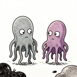 a cartoony anthropomorphic ink drawing of a pair of amoebas called separation anxiety
