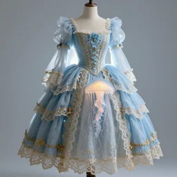 blue dress design in the style of rococo ，Victorian era，jellyfish element，Gold lace,dreamy, soft ,Backlight ,luminescence，Aetherpunk,highly detailed,8k