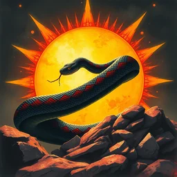 the black and burgundy snake on the sun. highly detailed, digital painting, watercolor, soviet realism, engraving, artstation, concept art, smooth, sharp focus, vivid grunge, manga, illustration, unreal engine 5, 8 k, art by bilibin and kilian eng and kuvshinov and malevich and mucha