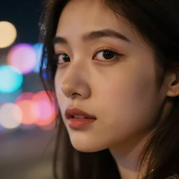 8 5 mm photography of close up of beautiful woman with dof and bokeh and vibrant colourful lights out of focus in the background, nighttime, highly detailed 8 k, sharp focus, intricate, lifelike, soft diffused light, nikon d 8 5 0,