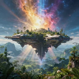 the floating city, sci - fi, overgrown nature, beautiful landscape, mystical, magical, post - apocalyptic, futuristic flying city, 8 k, super - resolution, intricate details, super details, detailed and intricate, nebula light rays, god rays, cinematic, beautiful lighting, triadic colors, octane render