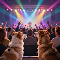 two dogs, watching a pop concert, bright colorful lights, crowded, excited atmosphere, digital art, concept art, trending on artstation, cinematic lighting