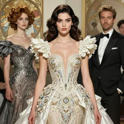Morena Baccarin wearing epic haute couture by Alexander McQueen, extremely beautiful and proportionate face, in the aesthetic of mert and marcus,  masterpiece, intricate, elegant wardrobe, highly detailed, digital painting, artstation, concept art, smooth, sharp focus, illustration, art by artgerm and james jean and greg rutkowski and alphonse mucha