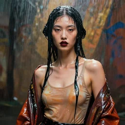 filmstill, wet tank top, photography of asian girl model, highly detailed, 8 k, ultra realistic, photography by amy leibowitz, black lips, black ribbons in the rain, latex kimono, warm colors, sculpture, volumetric light, lightbeams, art noveau style, neobrutalistic, liquid acrylic paint fluid, painted by monet and kandinski, photography, hypperrealistic, beautiful details, smooth illustration