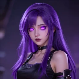 character art of a young woman, purple hair, glowing purple eyes, 4 k, arstation, trending