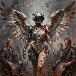 angel, in center of composition, wings, cybertronic gadgets and vr helmet, flesh + technology, durty colours, rotten textures, rusty shapes, biotechnology, norman rockwell, tim hildebrandt, dariusz zawadzki, bruce pennington, larry elmore, hyperrealistic oil painting on canvas, deep depth field, masterpiece, cinematic composition, hyper - detailed, hd