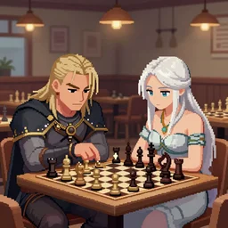 geralt de rivia and ciri playing chess in a cafeteria, pixel art by Gerardo Quiroz, devian art, 4k, award winning