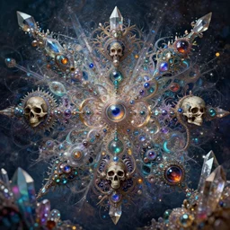 extremely detailed beautiful render of tryptamine realms with crystals, gemstones jewels, deep color scheme, by alex grey and tomasz alen kopera and jordan grimmer and ernst haeckel, complex detailed painting, gods ray and psychedelic lighting, fractal mirrors + fragmentation + skulls + crystals gemstone + eyes + jewels, crystals gemstones, 4 k hd wallpaper : 2, jpeg artifacts, blurry, blurred, soft blur, shallow depth - of - field, bokeh : - 1
