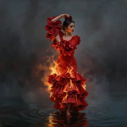oil painting of spanish flamenco dancer wearing a red dress made of flowers engulfed in flames, she's standing waist deep in water, dimly lit, looking away, dark shadows, ethereal, foggy, moody, surreal