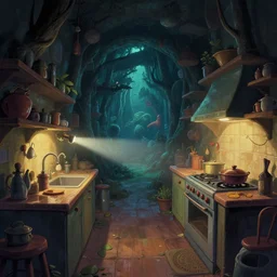 naive nerikomi, weird perspective, extra narrow, detailed illustration of a kitchen dim lit by flashlight in a scenic spiral environment by rhads from lorax movie, trending artstation, true color