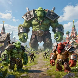 moscow in style of warcraft orgrimmar, ork village, green and red orcs in modern camouflage