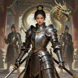 portrait hero action pose of western female knights, chinese dragon concept art at ancient temple, highly detailed, digital painting, artstation, sharp focus, illustration, art by tan zi and ayanamikodon and alphonse mucha and wlop