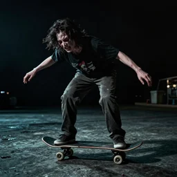 grimace on skateboard, horror film still, dark atmosphere, found footage, nightmare, unsettling, cinematic, dim lighting, pain, agony, suffering