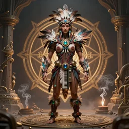 a centered render of a single mystical tribal android standing adorned with feathers and gemstones and cables and synthesizer parts is surrounded by sacred geometry made from elven architecture and incense smoke, full body, perfect face, powerful, cinematic, beautifully lit, by artgerm, by karol bak, by viktoria gavrilenko, 3 d, trending on artstation, octane render, 8 k