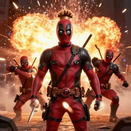 wade wilson claymation, deadpool, action scene, explosions, cinematic, volumetric lighting
